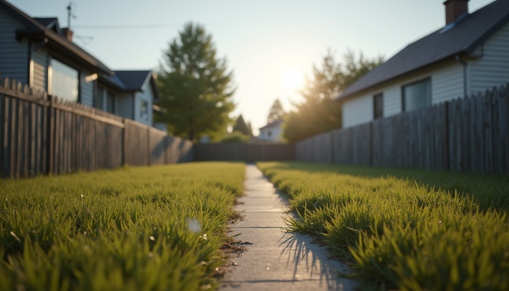 Eye-level view of a residential fence separating two houses