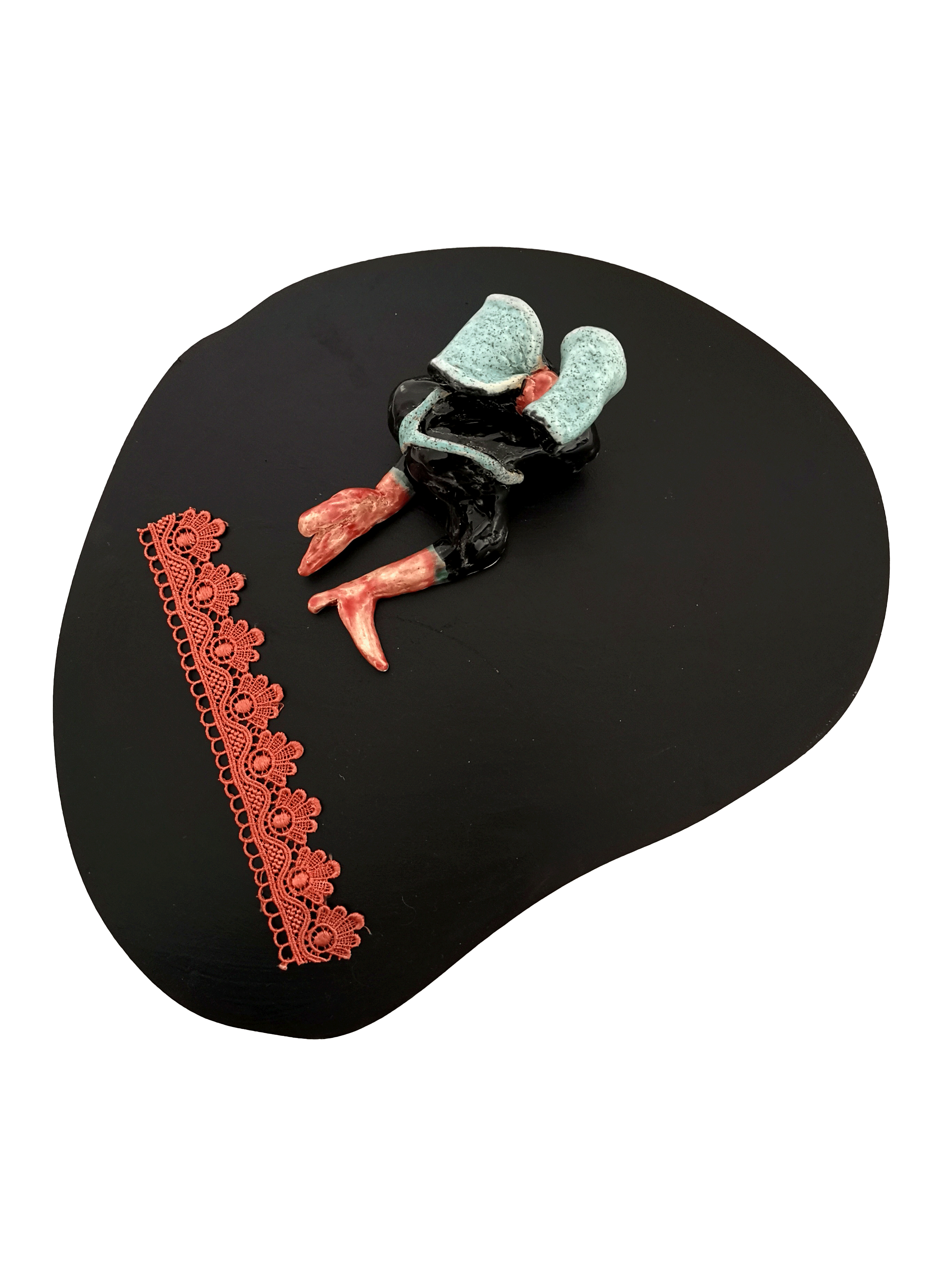 Héloïse Delègue, Bow, boots and bootie, 2020 Ceramic object displayed on painted wooden plate 29 x 40 x 16cm