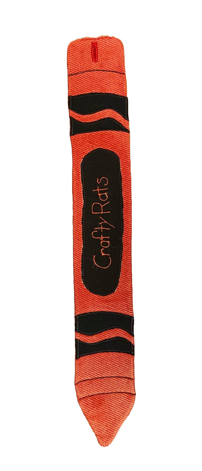 Front view of red crayon button tie. Embroidered text "CraftyRats"