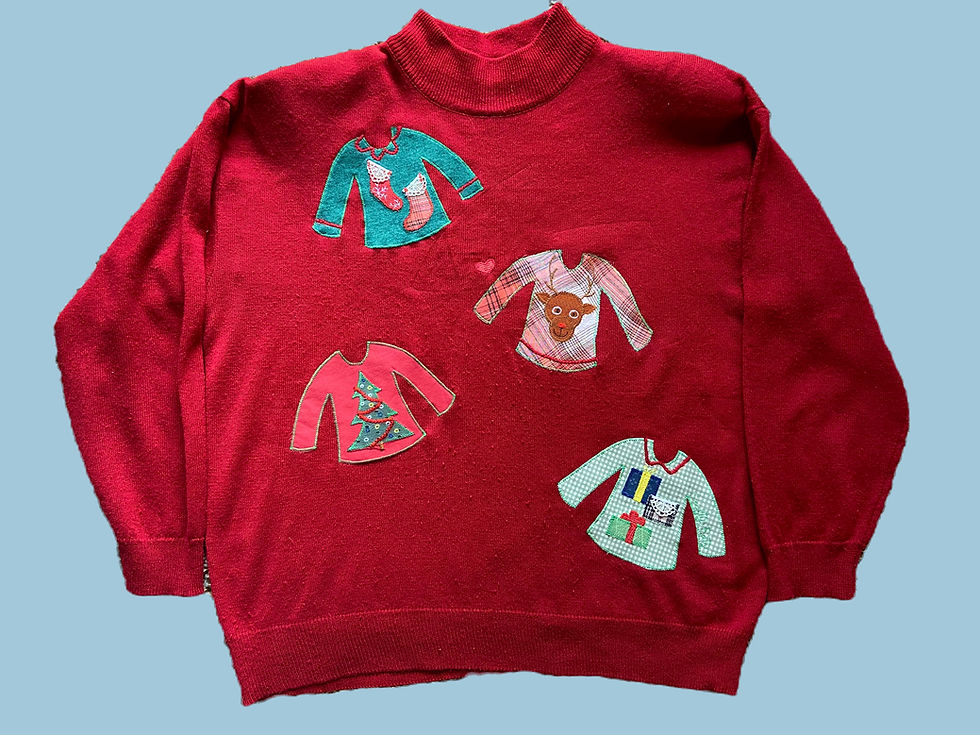 Red sweater with four applique red and green sweaters on it