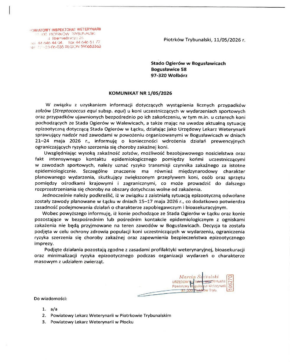 Komunikat Powiatowego Lekarza Weterynarii przed zawodami w Bogusławicach 21-24.05.2026