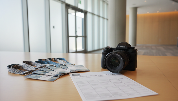 Wide-angle view of a professional camera beside event badges near a Scottsdale conference hall