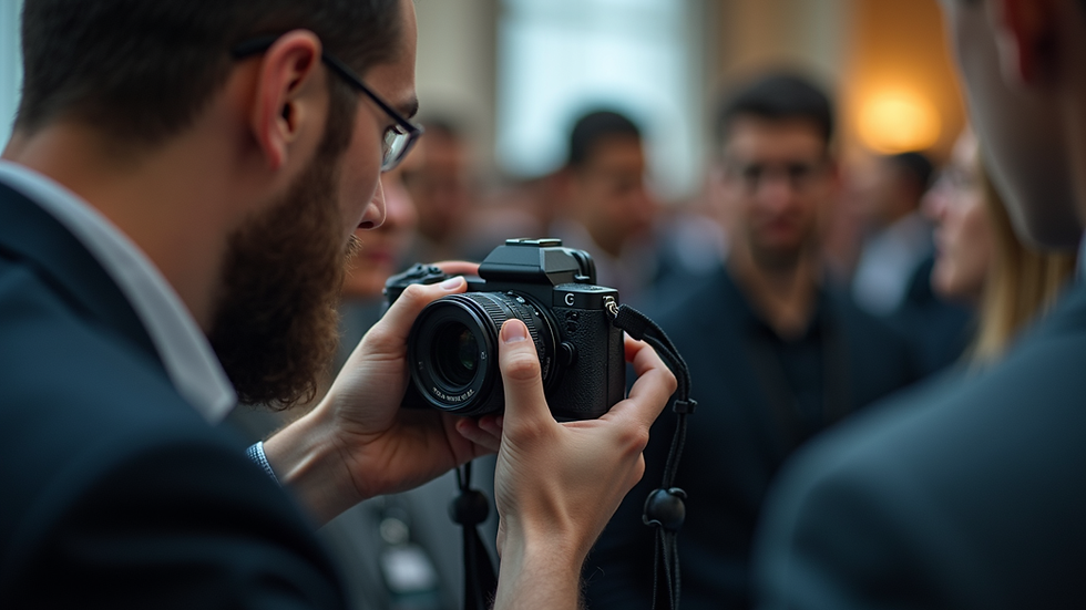 Close-up view of a photographer adjusting camera settings at a Newark conference