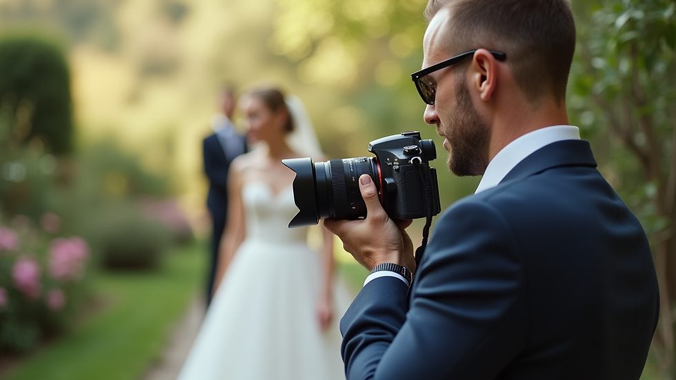 Eye-level view of a photographer adjusting camera settings at an outdoor wedding
