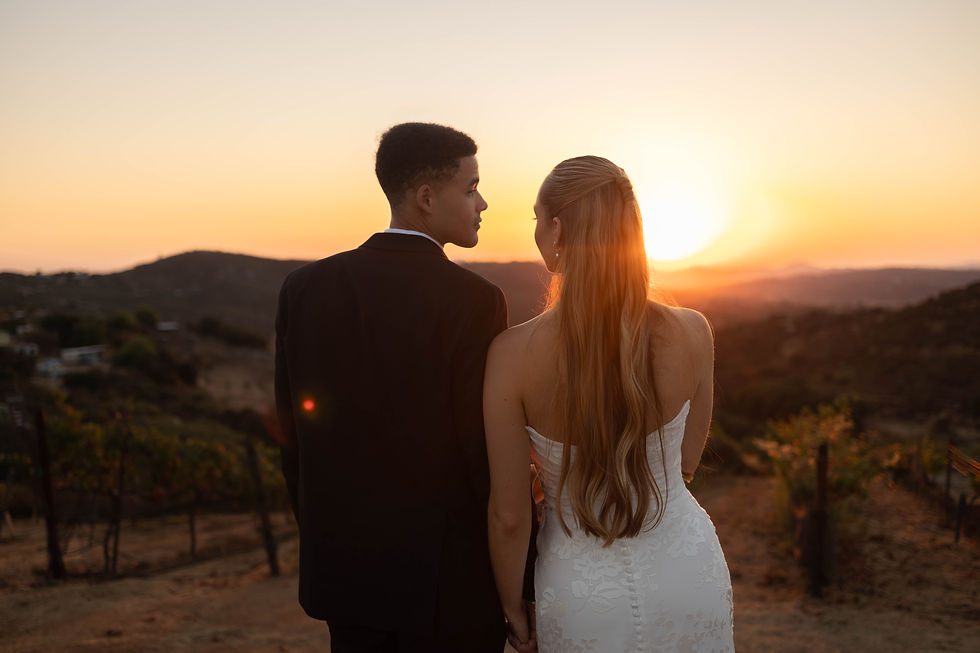 Bride and groom looking at each other with vineyards, rolling hills and a breathtaking sunset in the background