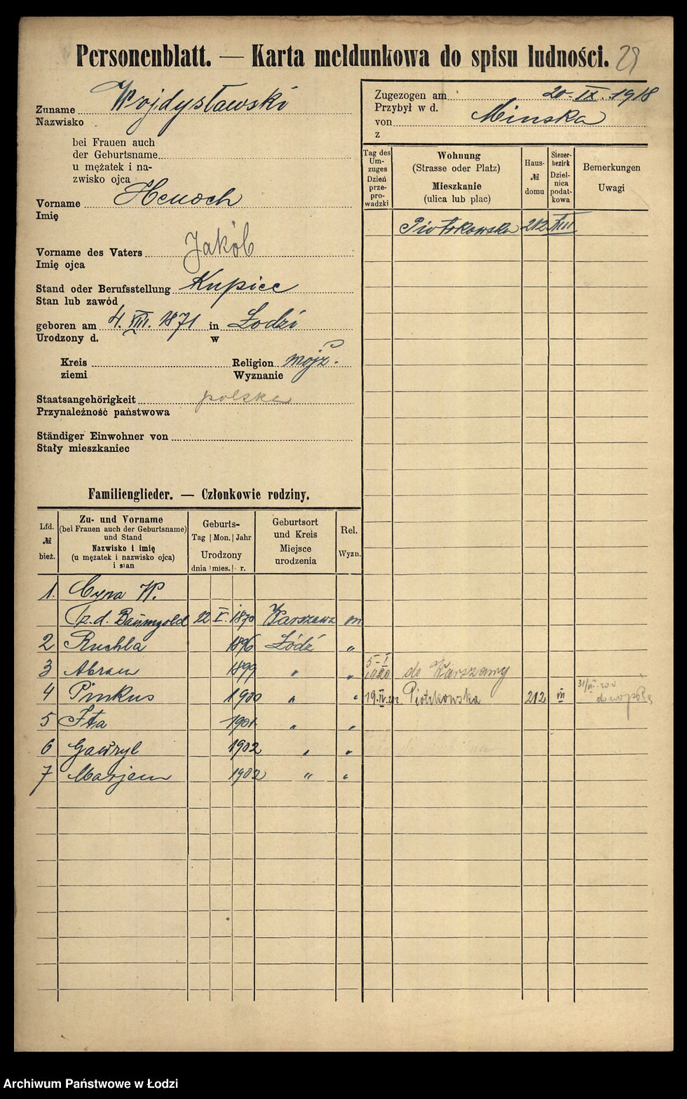 Residence Registration Card of the Wojdysławski Family State Archives in Łódź.