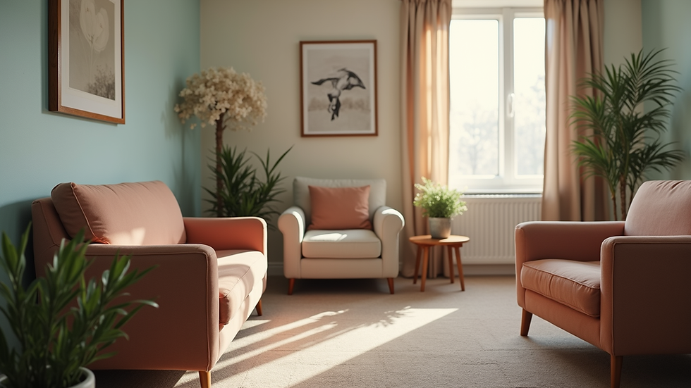Eye-level view of a cozy counseling room with comfortable seating