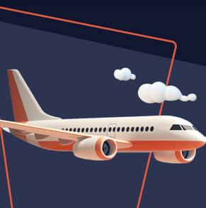 Illustration of an orange and white airplane flying among clouds, set against a dark blue background with orange lines. tripgarenty " ביטוח ביטול טיסה מכל סיבה