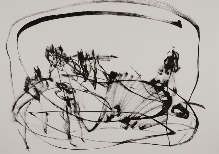 Ink on paper: Nomads II; 70 X 100 cm.     Selection of  24 paintings
By Louise Blankevoort.      