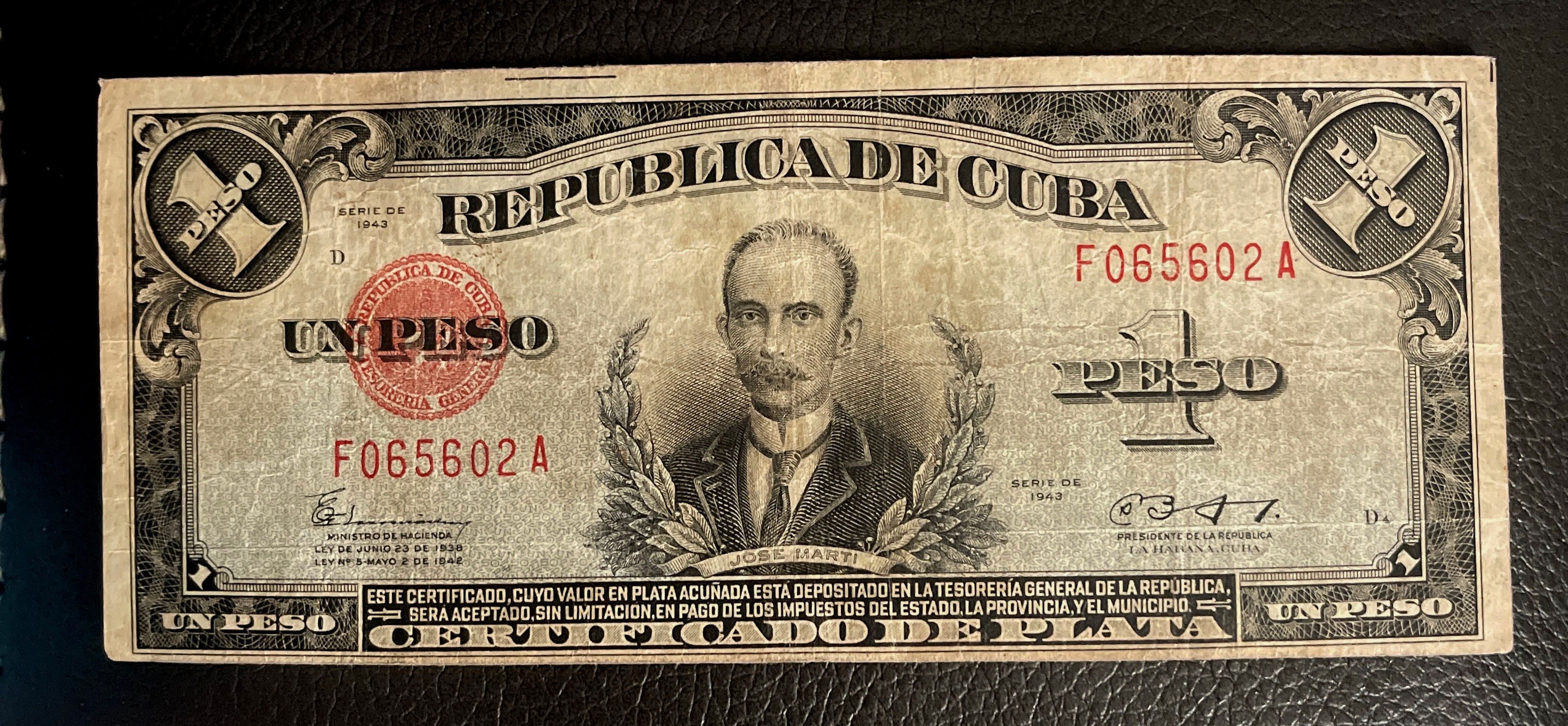 1 PESO 1943 FIRMA BATISTA PRESIDENTE CERTIFICADO DE PLATA 
