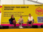 Three speakers sit on stage, with a bright yellow backdrop reading Protecting Your Share of Attention. Speakers from left to right are: Kirsten van Rooyen from GAIN, Ryan Caird from TikTok, Chris Beer from GWI.