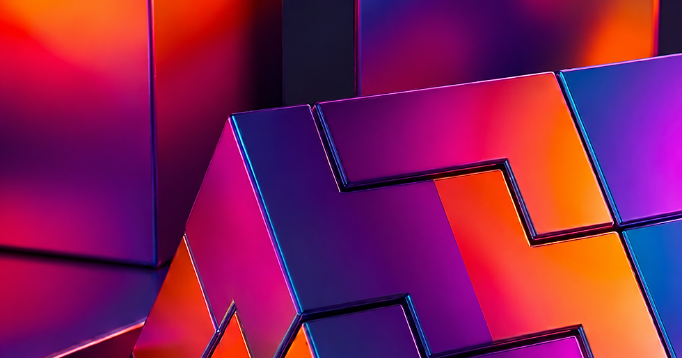 Abstract neon 3D geometric blocks in purple, pink, orange, and blue, glowing on a dark background.