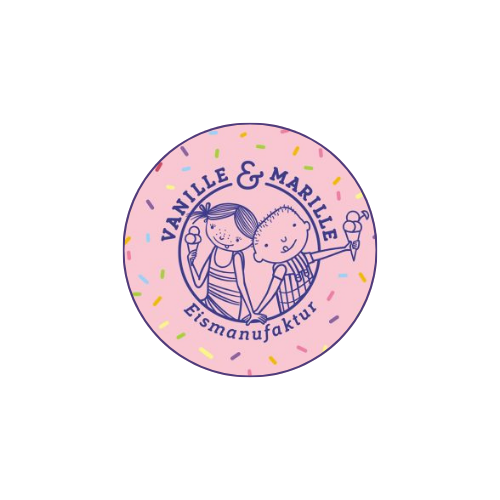 Logo du fabricant de glaces Vanille & Marille, fond rose avec deux personnages et des vermicelles colorés