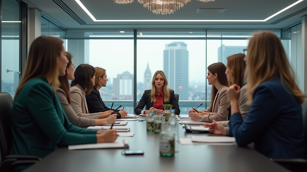 Eye-level view of a modern conference room filled with women networking