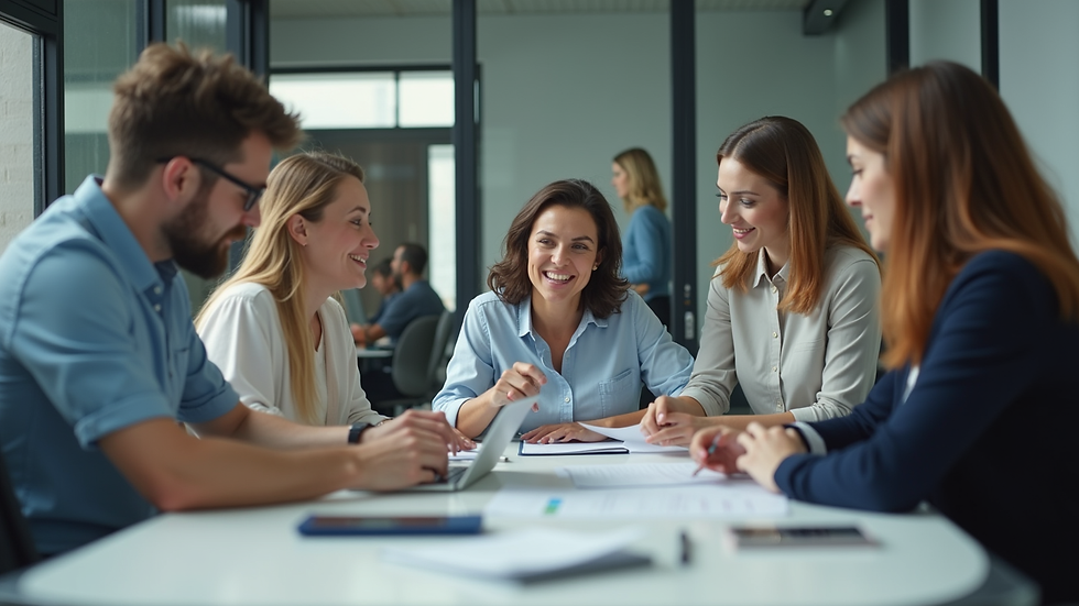Close-up view of a diverse group of women and men collaborating in a modern office