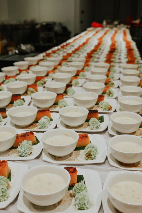 Eleve Catering, Desserts, Tapioca cake, with ondeh ondeh and payasam, Eleve Catering, chicken sambal, dalcha, plating, premium, vip table serving and catering, buffet setup, salad, halal catering choices