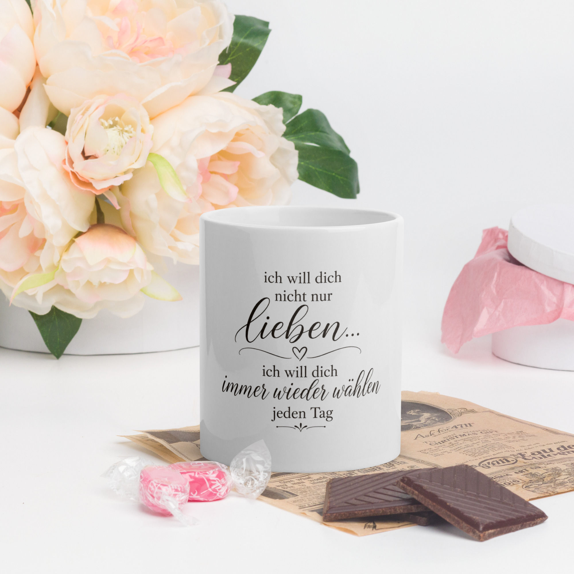 Weiße Tasse „Ich will dich jeden Tag neu wählen“ – romantische Partnertasse