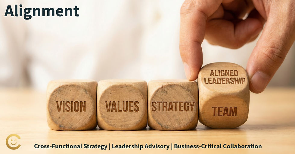 Articles Title 'Alignment' with a short description of service. Wooden blocks lined up labelled Vision, Values, Strategy and the last being flipped by a hand from Team to Aligned Leadership.