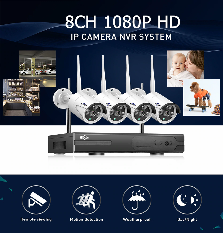 Hiseeu 8CH Wireless CCTV System 1080P 1TB 4pcs 2MP NVR wifi IR-CUT Outdoor CCTV