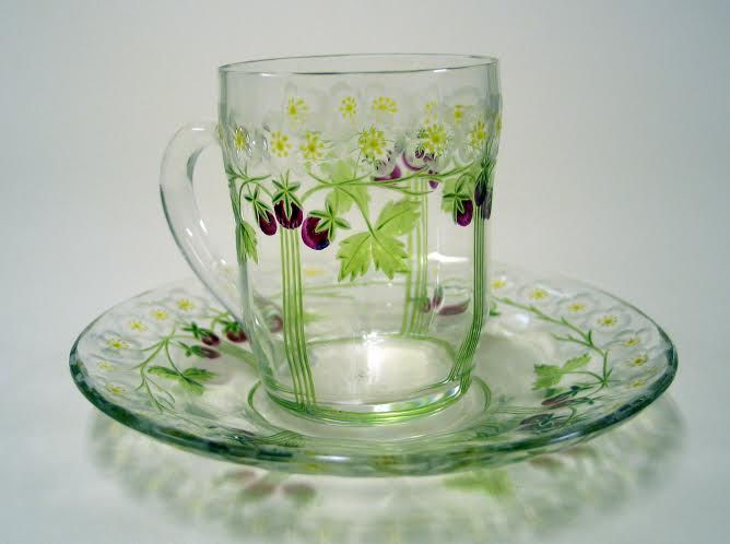 Austrian or German Wheel-carved glass Cup and Saucer, c. 1905