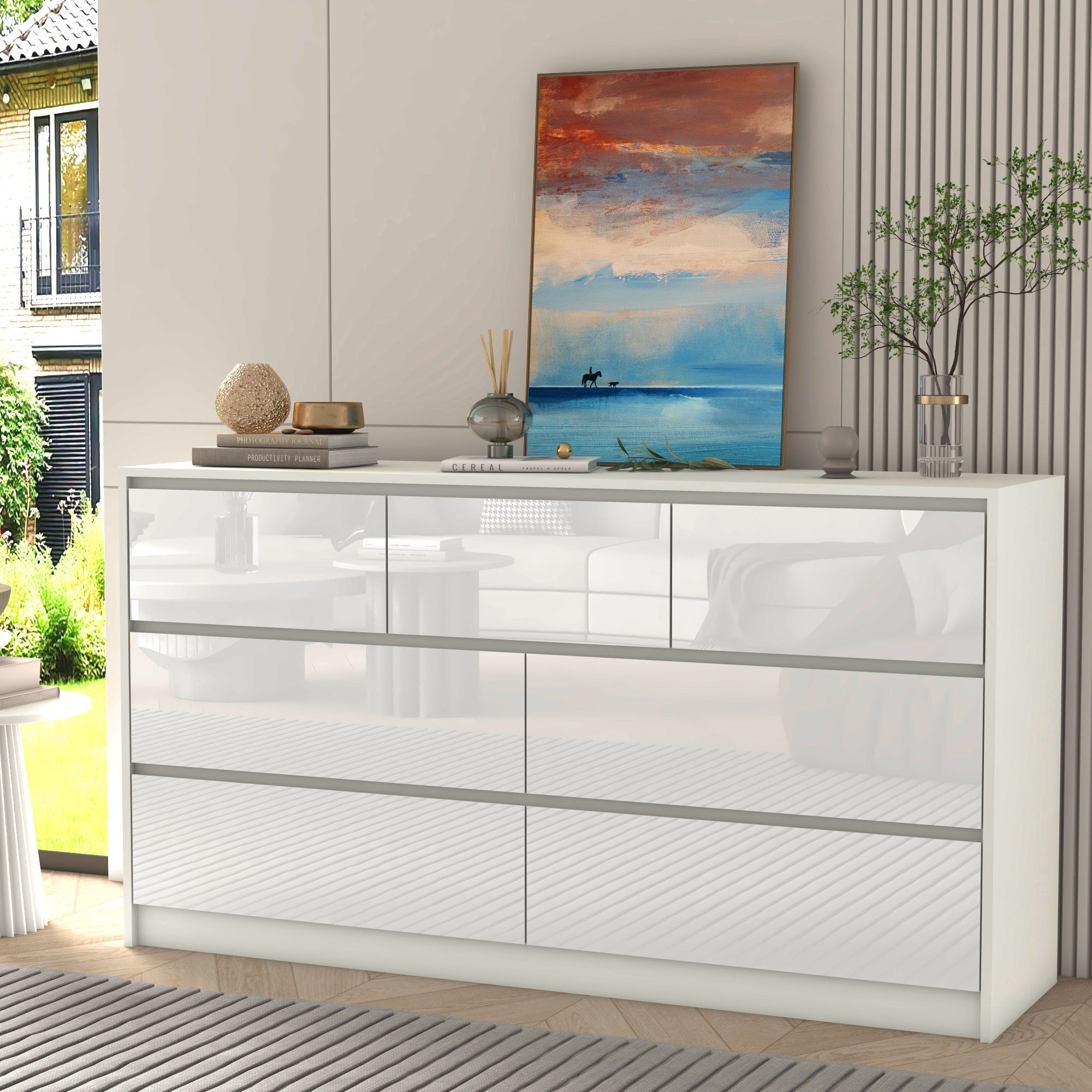 7 Drawer Dresser for Bedroom, 55 Inch Modern Dresser with High Gloss Drawers, La