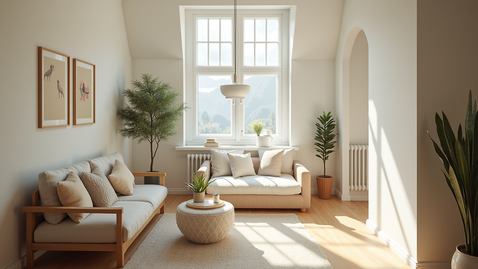High angle view of a bright room with a skylight and cozy furniture