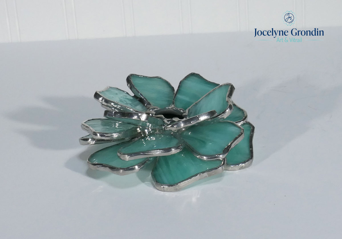 Fleur en vitrail aqua 3D bouton sarcelle no 1885