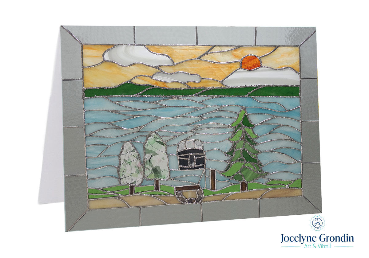 Carte de voeux " Soleil couchant sur mon Opémisca " No 2071 par Jocelyne Grondin Arts & Vitrail