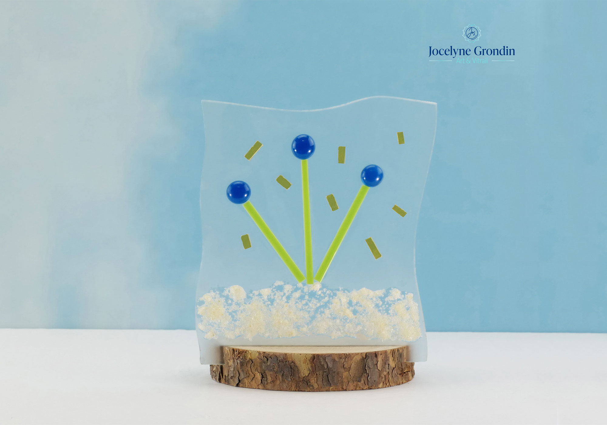 Bougeoir fleurs de cabochons bleues mosaïque de verre no 1709