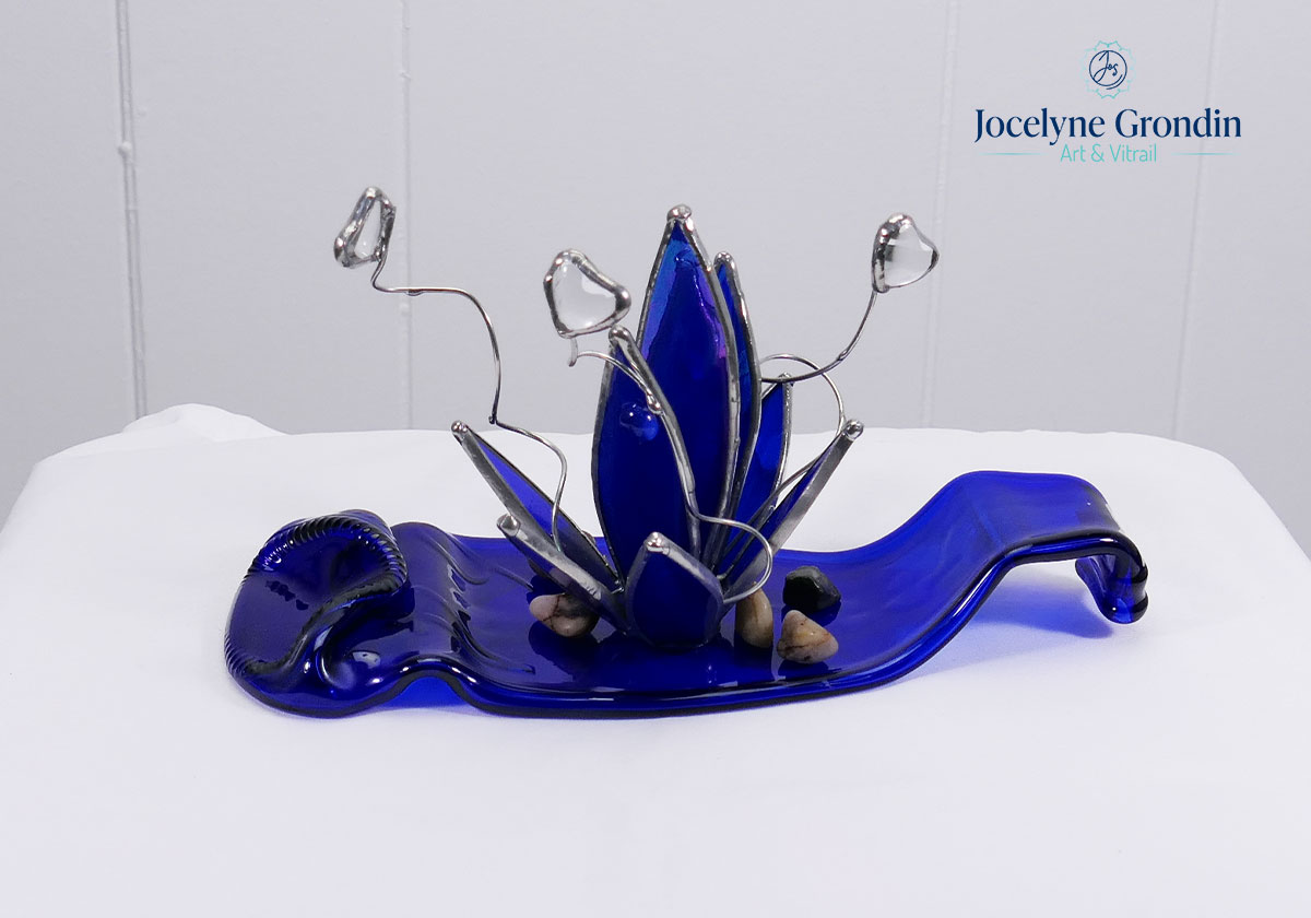 Succulente bleue en vitrail fleurs coeur No 1984