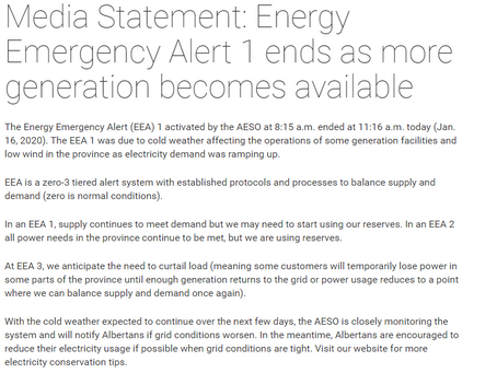 AESO Grid: Returned to Normal Operating Conditions