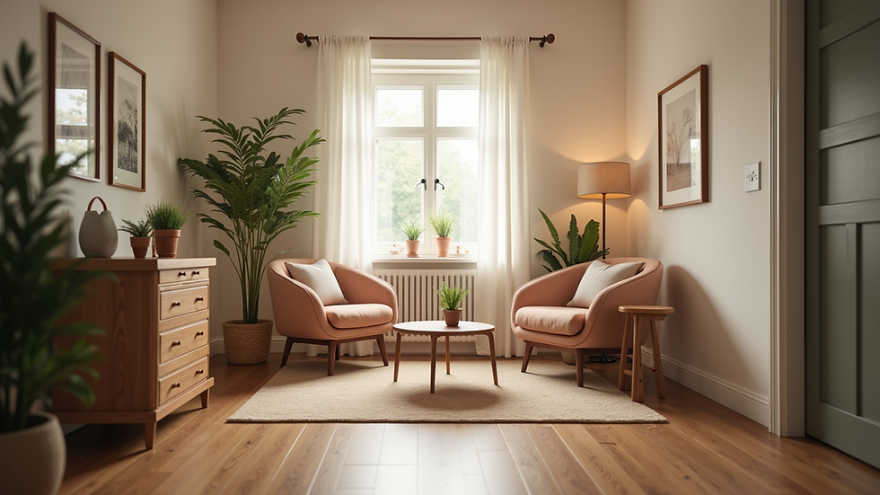 Eye-level view of a cozy counseling room with soft lighting