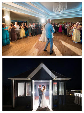 a bride and groom perform their first dance in front of their guests