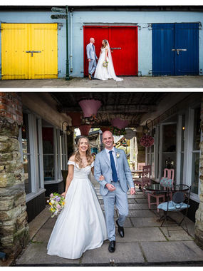 a bride and groom walk hand in hand through a laneway in clonakilty town, ireland