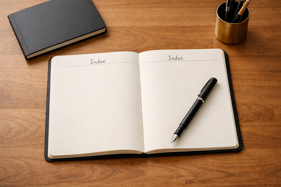 A flatlay of a minimalist bullet journal setup on a wooden desk, with a black dot-grid notebook open to a clean Index spread and a fountain pen across the right page