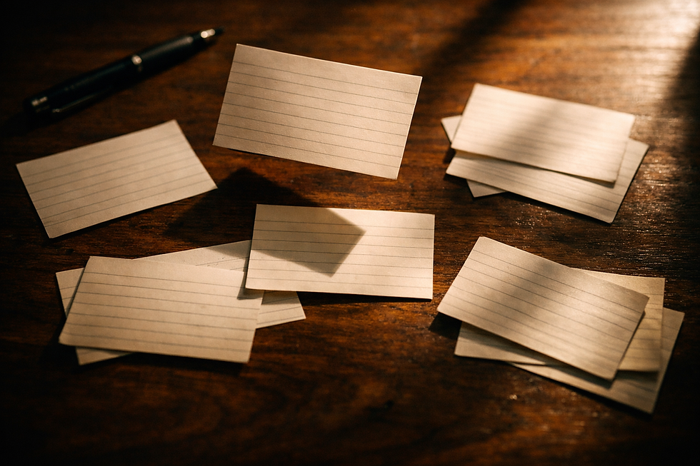Handwritten index cards scattered on a dark walnut desk, each carrying one thought