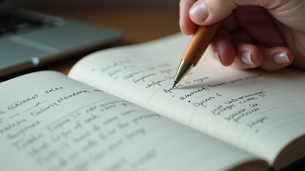 Eye-level view of a notebook with organized handwritten notes and a pen