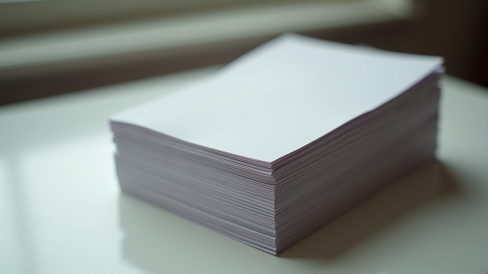 Eye-level view of printed 3x5 index cards stacked neatly