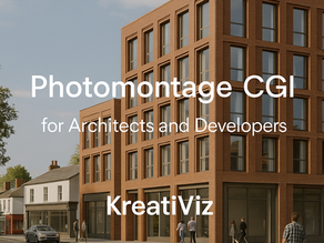 Photomontage CGI showing a proposed UK residential building integrated into real site photography – realistic 3D rendering by KreatiViz