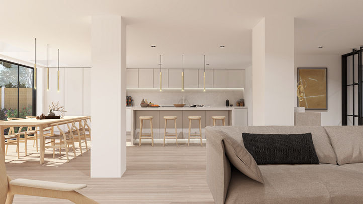 Photorealistic 3D interior rendering of a bright open-plan kitchen and dining area with natural wood textures and minimalist design, created by KreatiViz UK.