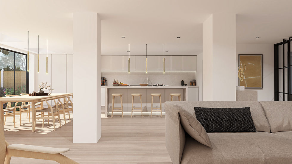Warm, emotion-led 3D interior render of a cosy living room with soft lighting and realistic materials – immersive CGI by KreatiViz, 2025