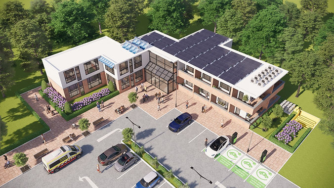 Aerial 3d visualisation of care home in the UK to show green energy efficiency.