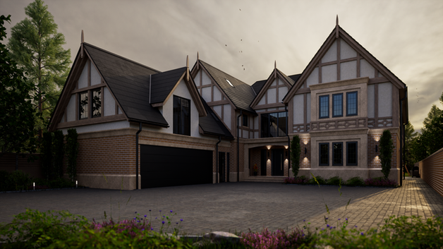 Beautiful British architectural design that required to be represented through 3D architecture visualisation. This images shows a 3d exterior rendering with a cinematic feel.