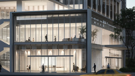 A taxi driving past a super modern office building 3d rendering