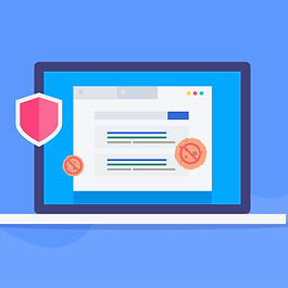 An illustration of a laptop screen displaying a webpage with shield and cookie icons indicating privacy and security, set against a blue background.