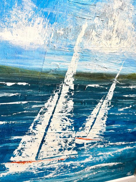 seascape acrylic on canvas. palette knife. yachts. sailing art. sailing yachts on the sea.