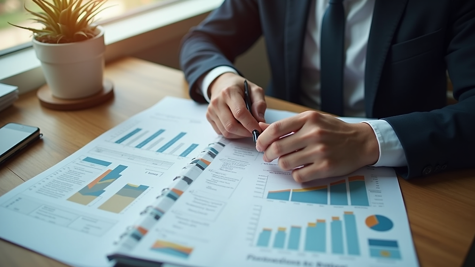 High angle view of a small business owner reviewing financial documents