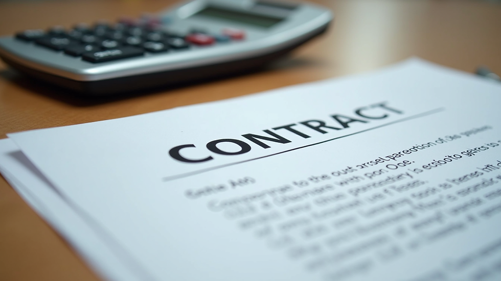 Close-up view of a business contract and calculator on a wooden desk