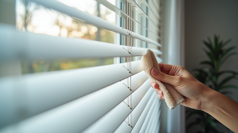 Close-up view of custom window blinds being cleaned with a soft cloth