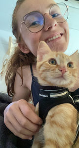 un chat roux avec un harnais noir avec sa maitresse qui sourit